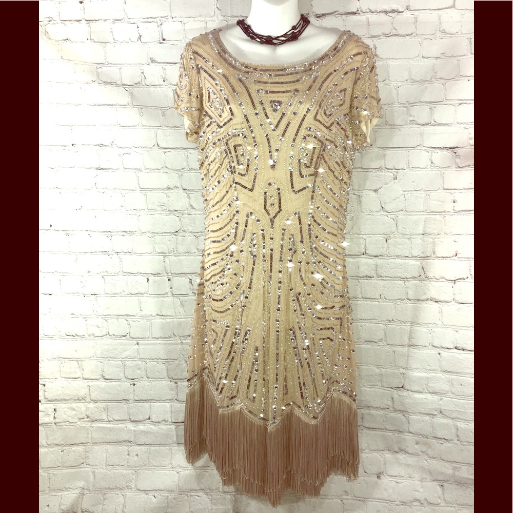 AIDAN MATTOX BEADED SEQUIN FRINGE COCKTAIL DRESS